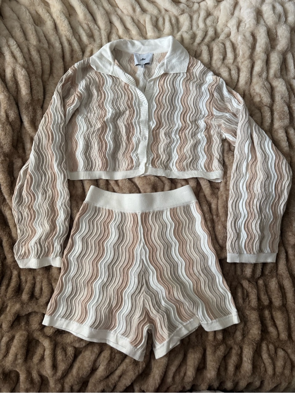 YLLW FELIX KNIT SET NEUTRAL YELLOW THE LABEL LONG SLEEVE TOP + SHORTS TAN WHITE